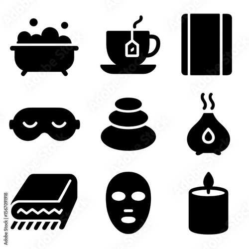 Self-Care Icon Set. Solid, filled icon set of self-care practices: bubble bath, herbal tea, journal, sleep mask, massage stone,
