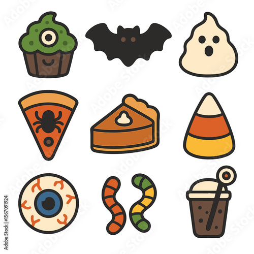 Halloween Treats Icons. Solid, filled icons set of Halloween themed food: monster cupcake, bat cookie, ghost