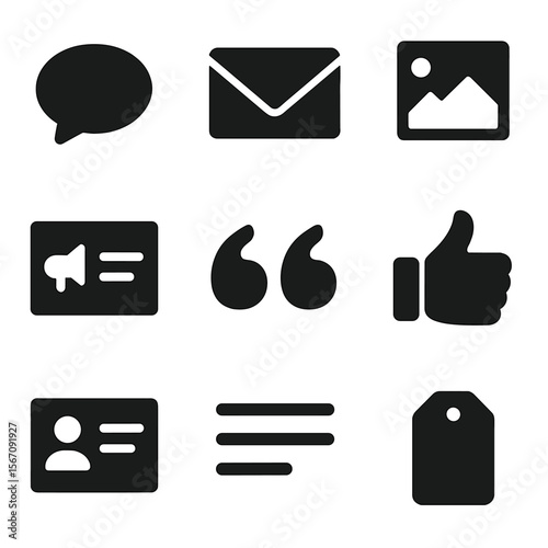 Minimalist Icon Set. Solid, filled icon set of minimalist brand communication: direct message, clean email layout, social post