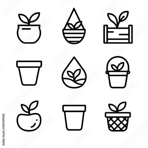 Plant Container Icons. Solid, filled icon set of decorative plant containers: ceramic pot, hanging basket, wooden planter,