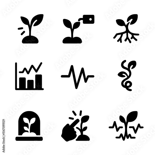 Sentient Plant Icons. Solid, filled icon set of sentient plant study: responsive leaf, plant sensor, neural root, reaction chart,