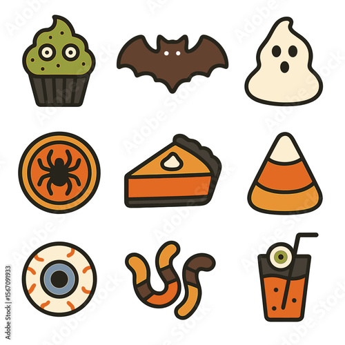 Halloween Treats Icons. Solid, filled icons set of Halloween themed food: monster cupcake, bat cookie, ghost