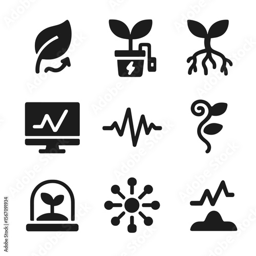 Sentient Plant Icons. Solid, filled icon set of sentient plant study: responsive leaf, plant sensor, neural root, reaction chart,