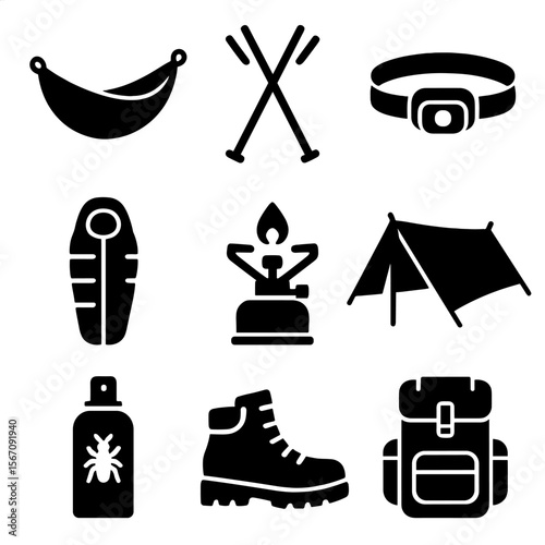 Hammock Camping Essentials. Solid, filled icons set of hammock camping gear: ultralight hammock, tent poles,