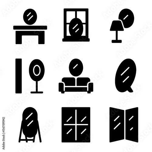 Mirror Placement Icons. Solid, filled icon set of mirror placement techniques: above fireplace, across window, behind lamp, in