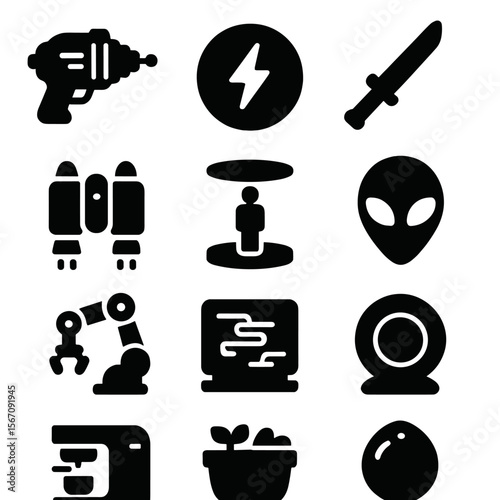 Icon Sets Collection. Solid, filled icon set of sci-fi weapons and gadgets: laser gun, energy shield, plasma sword, jetpack,