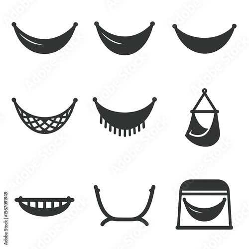Hammock Icons Collection. Solid, filled icons set of hammock types: single hammock, double hammock, camping