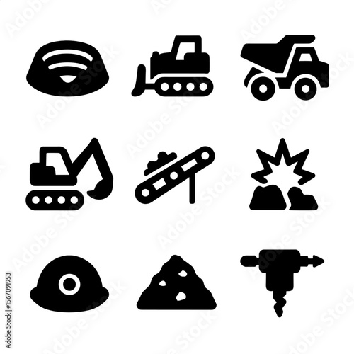 Mining Pit Icons. Solid, filled icon set of mining pit operations: open pit, bulldozer, dump truck, excavator, conveyor belt,