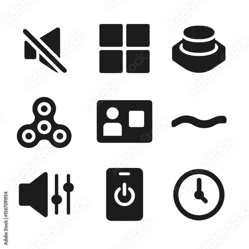 Sensory-Friendly Icons Grid. Solid, filled icon set of sensory-friendly digital tools: noise-cancel icon, soft color palette,