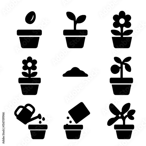 Plant Growth Cycle Icons. Solid, filled icon set of flower pot planting stages: seed, sprout, small plant, blooming flower, fruit,