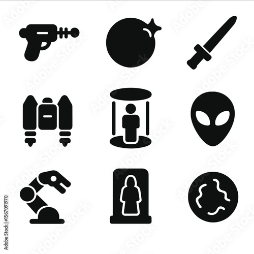 Icon Sets Collection. Solid, filled icon set of sci-fi weapons and gadgets: laser gun, energy shield, plasma sword, jetpack,