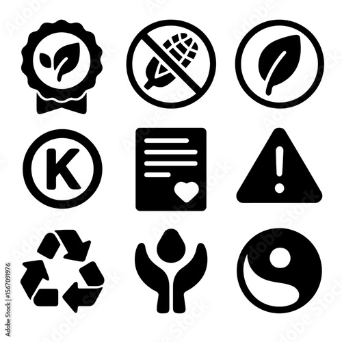 Plant-Based Label Icons. Solid, filled icon set of plant-based food labels: vegan badge, gluten-free sign, organic label, non-GMO,