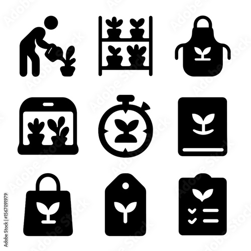 Plant Parent Icons. Solid, filled icon set of plant parent lifestyle: person watering plant, plant shelf, gardening apron, indoor