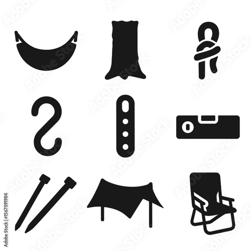 Hammock Setup Icons. Solid, filled icons set of setting up a hammock: fabric hammock, tree trunk, rope knot,