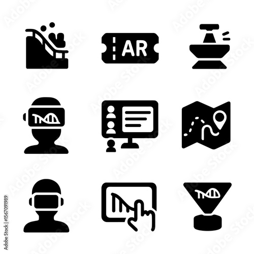 Mixed Reality Icons. Solid, filled icon set of mixed reality theme parks: virtual rollercoaster, AR ride ticket, motion platform,