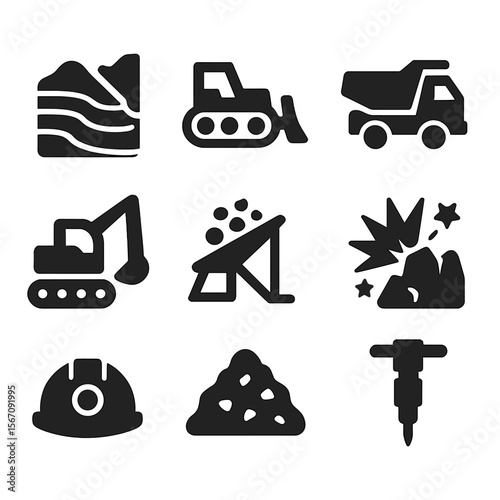 Mining Pit Icons. Solid, filled icon set of mining pit operations: open pit, bulldozer, dump truck, excavator, conveyor belt,
