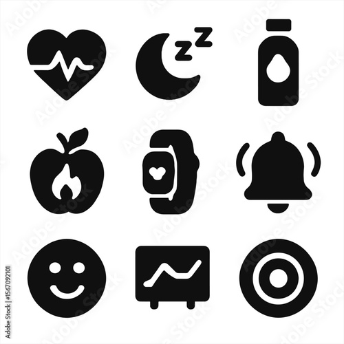 Health App Icon Set. Solid, filled icons set of health monitoring apps: pulse icon, sleep tracker, hydration