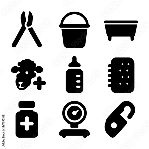Sheep Care Icons. Solid, filled icon set of sheep care: hoof trimmer, water bucket, feeding bucket, health check icon, lamb bottle