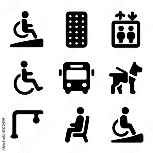 Mobility Accessibility Icons. Solid, filled icon set of mobility accessibility: wheelchair ramp, tactile paving, elevator,