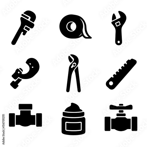 Plumbing Tools Icons. Solid, filled icon set of pipe thread seal tape tools: pipe wrench, Teflon tape roll, adjustable wrench,