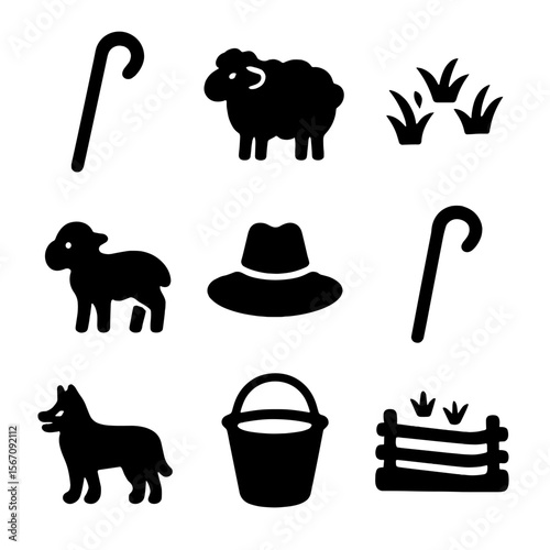Shepherd Icon Set. Solid, filled icon set of shepherd and flock: shepherd staff, sheep, lamb, grazing pasture, shepherd hat,