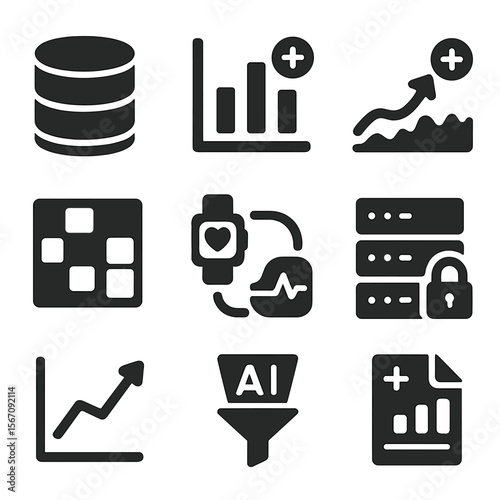 Health Data Icons. Solid, filled icons set of health data analytics: database icon, bar graph, predictive
