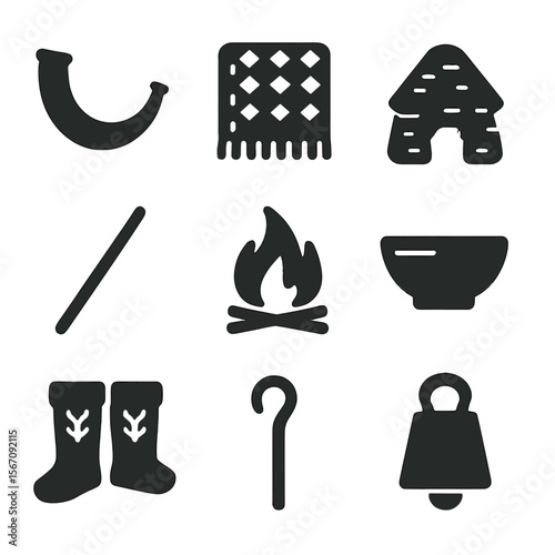 Shepherd Culture Icons. Solid, filled icon set of traditional shepherd culture: shepherd’s horn, woven blanket, stone hut, herding