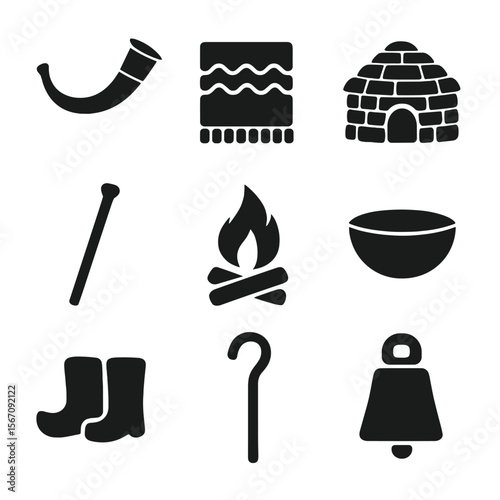 Shepherd Culture Icons. Solid, filled icon set of traditional shepherd culture: shepherd’s horn, woven blanket, stone hut, herding