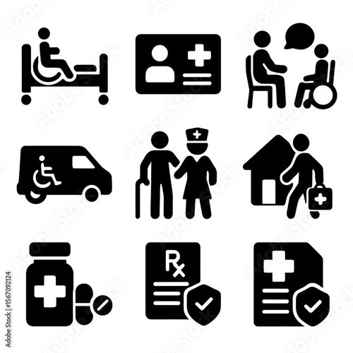 Healthcare Accessibility Icons. Solid, filled icons set of healthcare access for disabled: accessible hospital