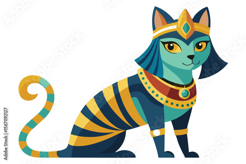 Elegant Egyptian Cat Goddess Bastet with Striped Body and Golden Jewelry