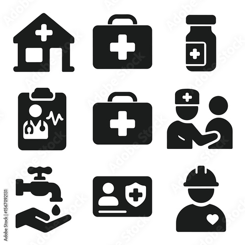 Healthcare Icon Grid. Solid, filled icons set of healthcare access and productivity: clinic icon, doctor bag,