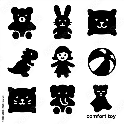 Plush Toy Icons. Solid, filled icon set of plush and soft toys: teddy bear, bunny, pillow pet, plush dinosaur, doll, soft ball,