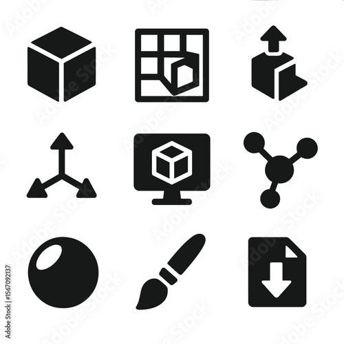 3D Modeling Icon Set. Solid, filled icon set of creating 3D models: cube icon, 3D grid, extrusion tool, axis arrows, render icon,