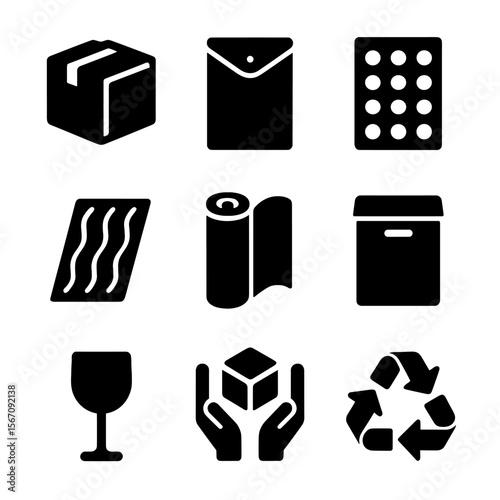 Shipping Material Icons. Solid, filled icon set of shipping materials: corrugated box, padded envelope, plastic wrap, foam sheet,