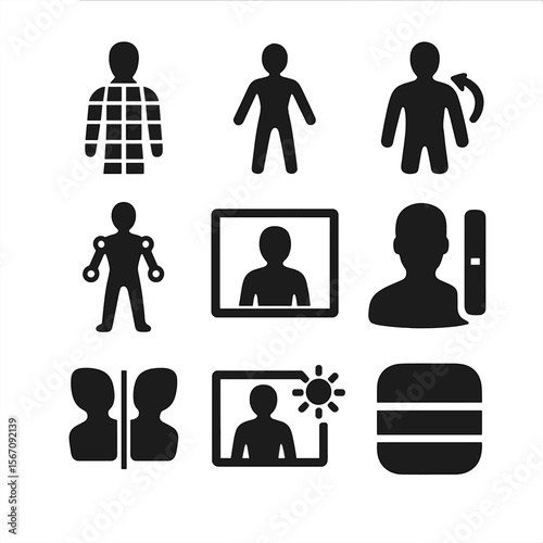 3D Modeling Icon Set. Solid, filled icon set of digital figure modeling: 3D mesh body, wireframe figure, pose adjuster, rigged