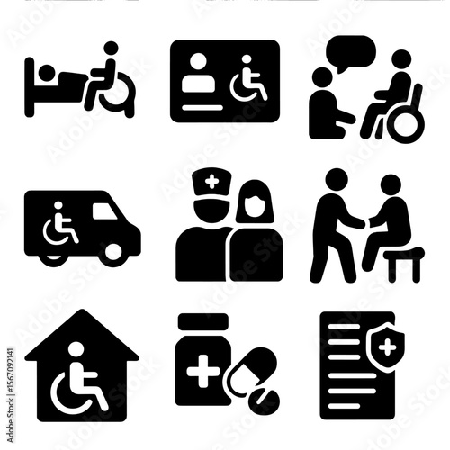 Healthcare Accessibility Icons. Solid, filled icons set of healthcare access for disabled: accessible hospital