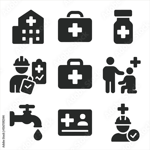 Healthcare Icon Grid. Solid, filled icons set of healthcare access and productivity: clinic icon, doctor bag,