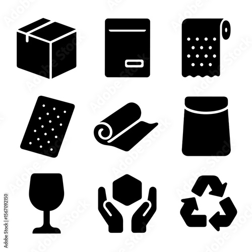 Shipping Material Icons. Solid, filled icon set of shipping materials: corrugated box, padded envelope, plastic wrap, foam sheet,