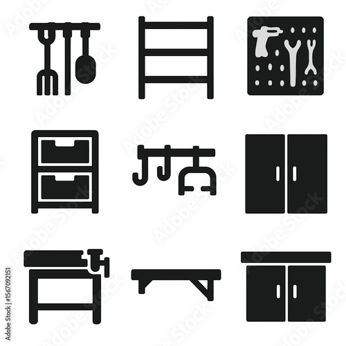 Shed Storage Icons. Solid, filled icon set of shed interior storage: tool rack, shelving unit, pegboard, bins, hooks, ladder