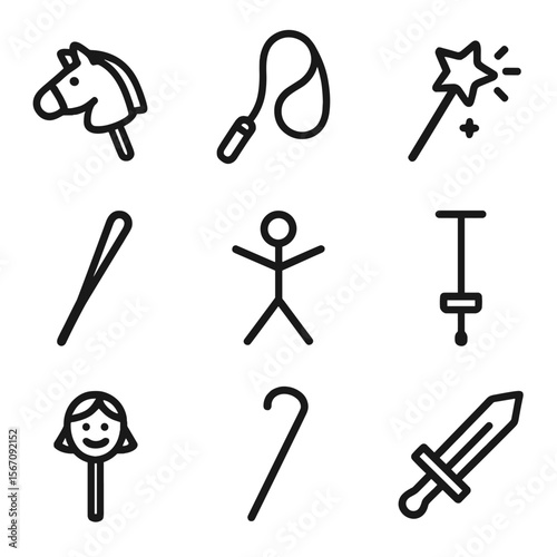 Playful Toy Icons. Solid, filled icon set of playful sticks and toys: stick horse, jump rope handle, magic wand toy, drumstick,