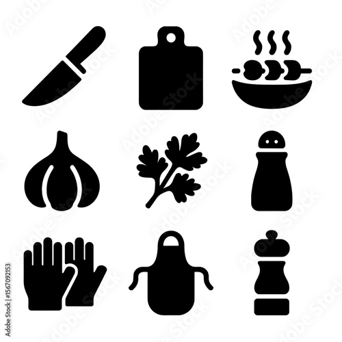 Shashlik Icon Set. Solid, filled icon set of shashlik preparation: cutting knife, chopping board, bowl with marinade, garlic,