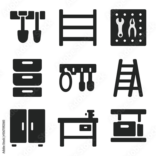 Shed Storage Icons. Solid, filled icon set of shed interior storage: tool rack, shelving unit, pegboard, bins, hooks, ladder