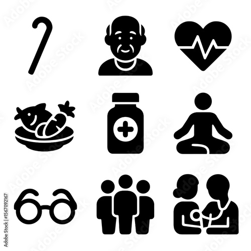 Healthy Aging Icons. Solid, filled icons set of healthy aging: walking cane, smiling elder, heart rate monitor