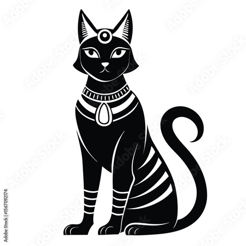 Elegant Egyptian Bastet Cat Illustration Ancient Symbol of Feline Grace and Protection Black and White Design