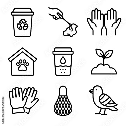 Pollution Cleanup Icons. Solid, filled icon set of pollution cleanup and wildlife rescue: recycling bin, trash pickup, volunteer