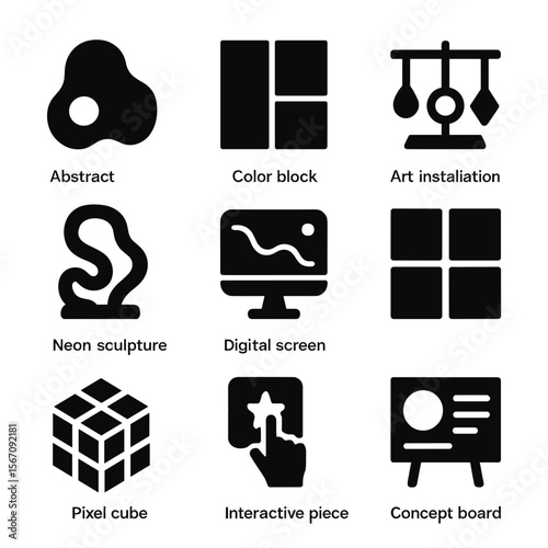 Modern Art Icons. Solid, filled icon set of modern art styles: abstract shape, color block, art installation, neon sculpture,