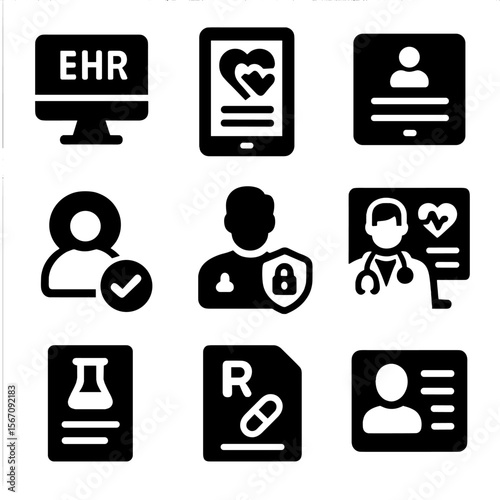 Healthcare Icons Grid. Solid, filled icons set of healthcare provider EHR access: desktop terminal, tablet