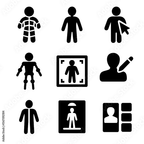 3D Modeling Icon Set. Solid, filled icon set of digital figure modeling: 3D mesh body, wireframe figure, pose adjuster, rigged