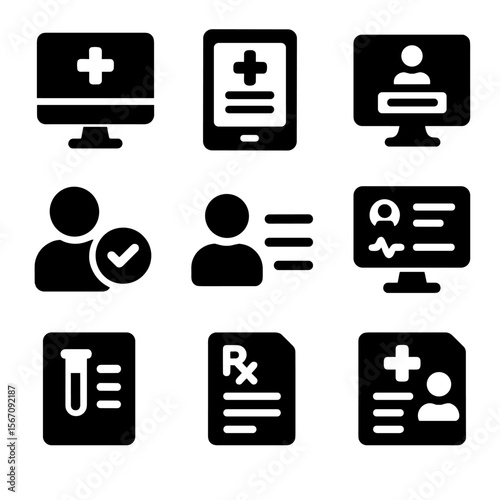 Healthcare Icons Grid. Solid, filled icons set of healthcare provider EHR access: desktop terminal, tablet