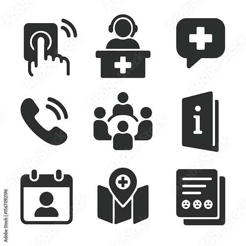 Healthcare Support Icons. Solid, filled icons set of healthcare communication and support: nurse call button,